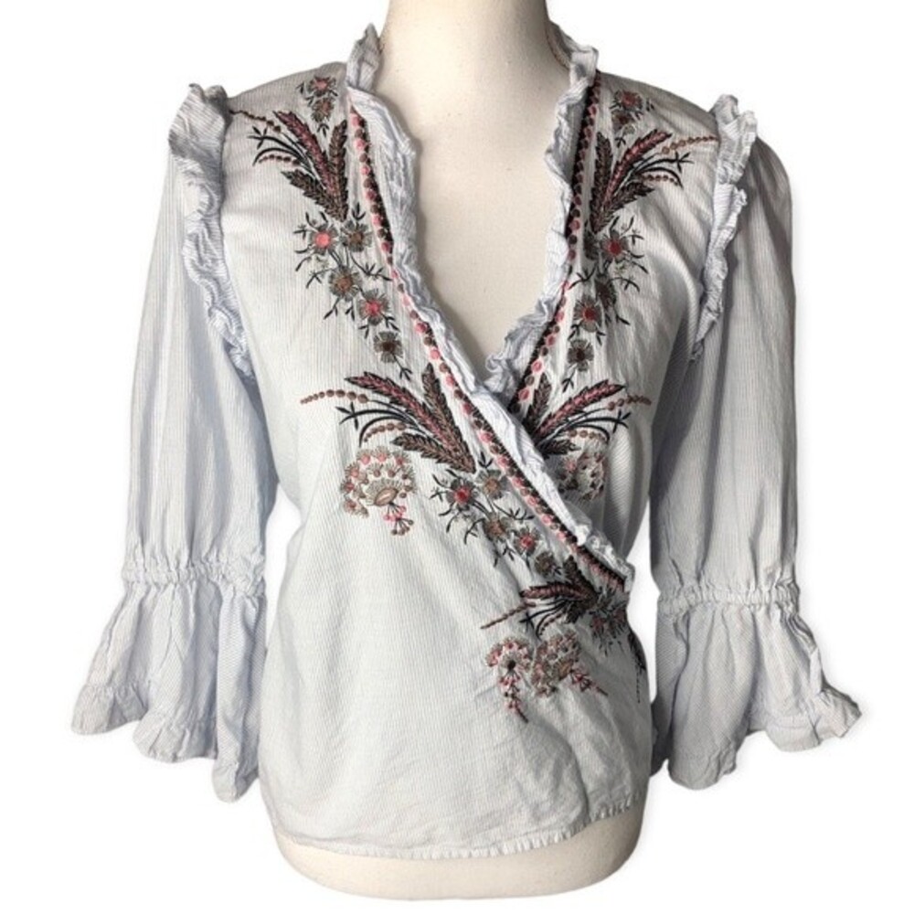 Zara Women Striped Blue and White Embroidered Trumpet Sleeve Wrap Blouse